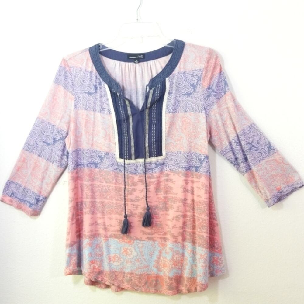 RBX bohemian tassel tunic top crochet trim M boho